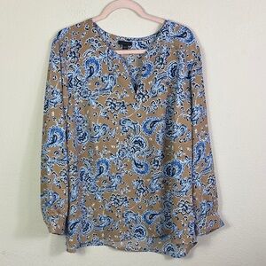 J.Jill Wearever Collection Split Neck Tan And Blue Paisley Blouse size XL
